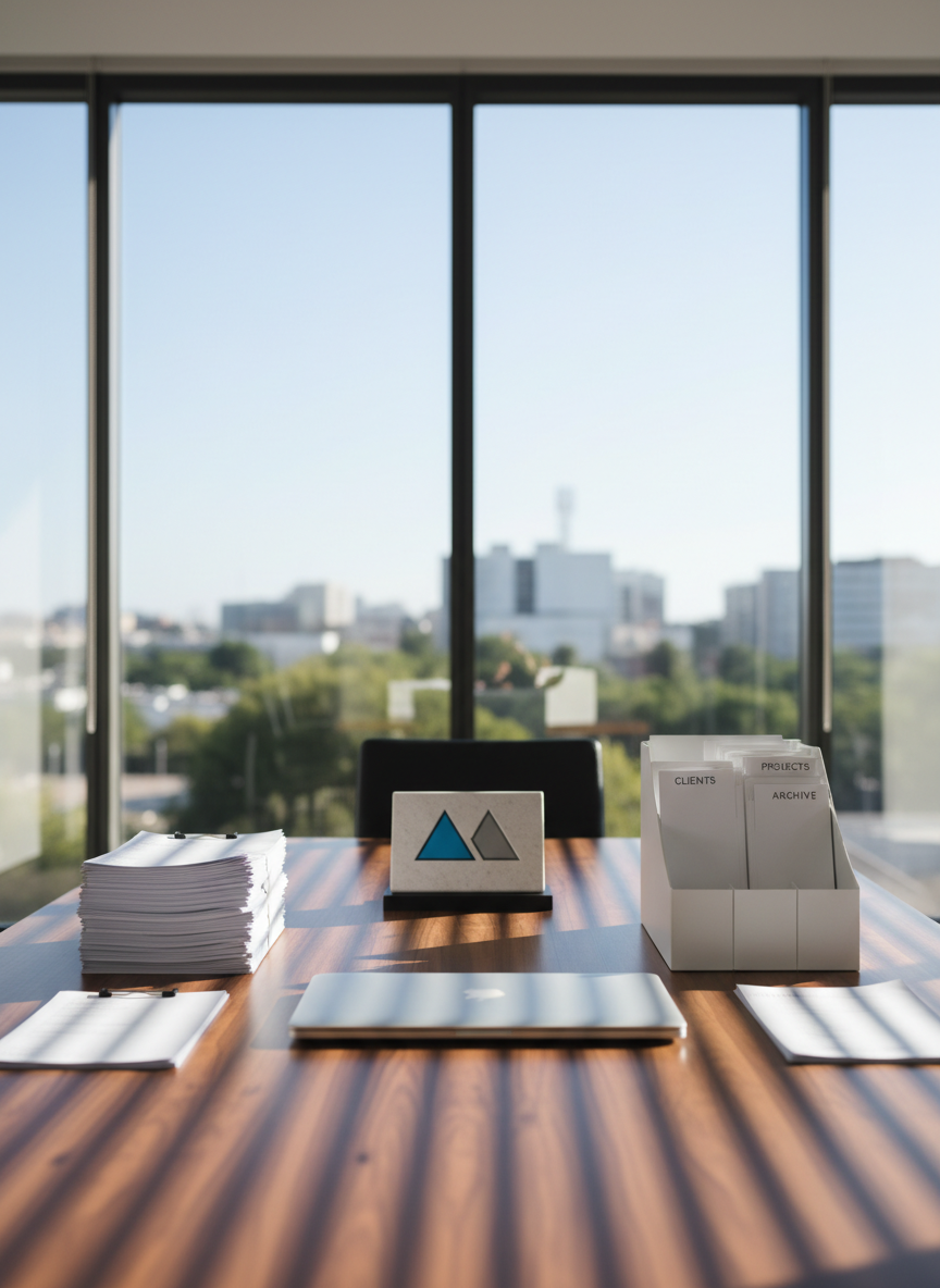 A conference table in a bright, glass-walled office representing a small business, with neatly stacked invoices, a closed laptop, and a labeled file organizer arranged in precise rows, illustrating the impact of Samantha Reading’s virtual assistant services. At the table’s head sits a tasteful, abstract nameplate featuring a simple geometric logo instead of text, suggesting a professional presence without readable words. Morning sunlight streams through large windows, casting clean, linear shadows along the wood grain of the tabletop. The atmosphere feels confident and under control, captured in photographic realism from a slightly low angle, emphasizing the orderly spread of materials and the sense of competent support behind the business operations.