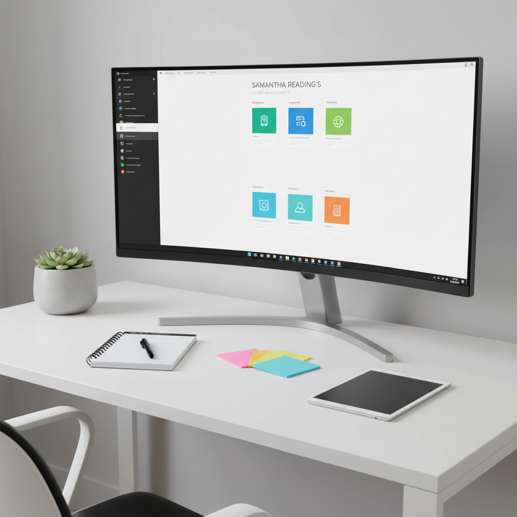 A polished home office corner designed for a virtual assistant, with a large curved monitor showing a dashboard of simplified, icon-based tasks instead of readable text, symbolizing Samantha Reading’s client management. Below, a tidy notebook, tablet, and color-coded sticky notes form an organized fan shape on a matte white desk. A small plant in a minimalist pot adds a touch of warmth and approachability. Soft studio lighting creates balanced illumination with subtle highlights along the monitor’s edge and gentle shadows under objects. The mood is highly organized yet welcoming, with photographic realism from a slightly elevated angle, using the rule of thirds to keep the screen as the focal point while showcasing the meticulous workspace around it.