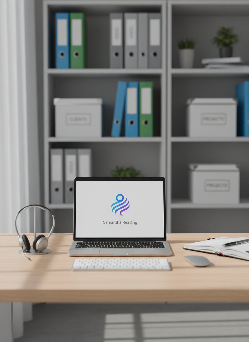 A sleek, modern virtual assistant workspace featuring an open laptop on a light wood desk, with a subtle, abstract avatar icon on the screen standing in for “Samantha Reading.” The desk holds a neatly arranged planner, wireless keyboard, and a slim headset dock, all organized with precise alignment to convey efficiency. In the background, blurred shelves display color-coordinated binders and storage boxes representing small business clients. Soft, diffused daylight from a large unseen window bathes the scene in even, natural light, creating gentle shadows and a calm, professional atmosphere. Photographic realism, shot at eye level with a shallow depth of field, highlighting the organized foreground while keeping the background softly out of focus for a clean, businesslike aesthetic.